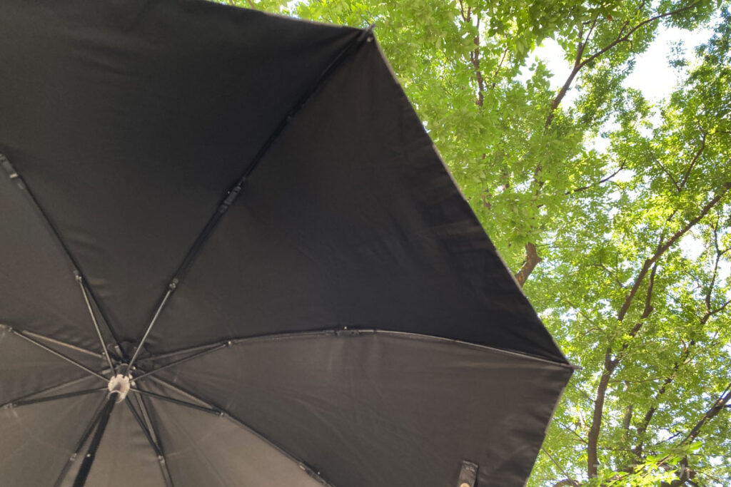 日傘　完全遮光　折りたたみ　晴雨兼用　遮光率100％　UVカット率99％以上　おすすめ　大きめ　50cm　2つ折り　収納袋つき　伸ばして収納　かわいい　チェック　口コミ　使った感想　傘と日傘の専門店リーベン　LIEBEN-0536